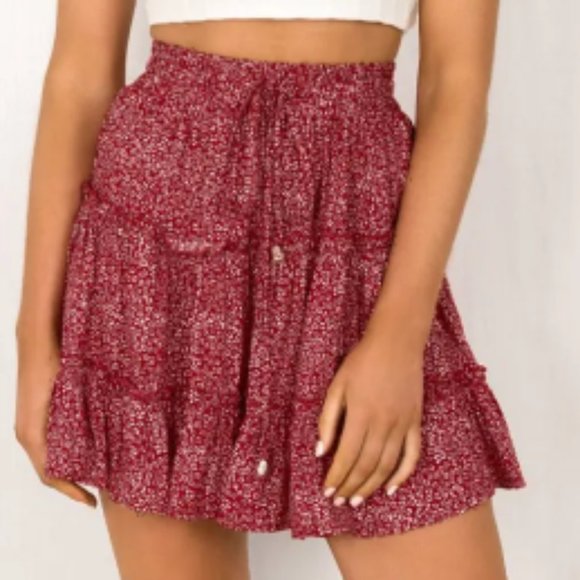 Women's Solid Color Tiered Ruffle Waist Tie Mini Skirt - Picture 1 of 2